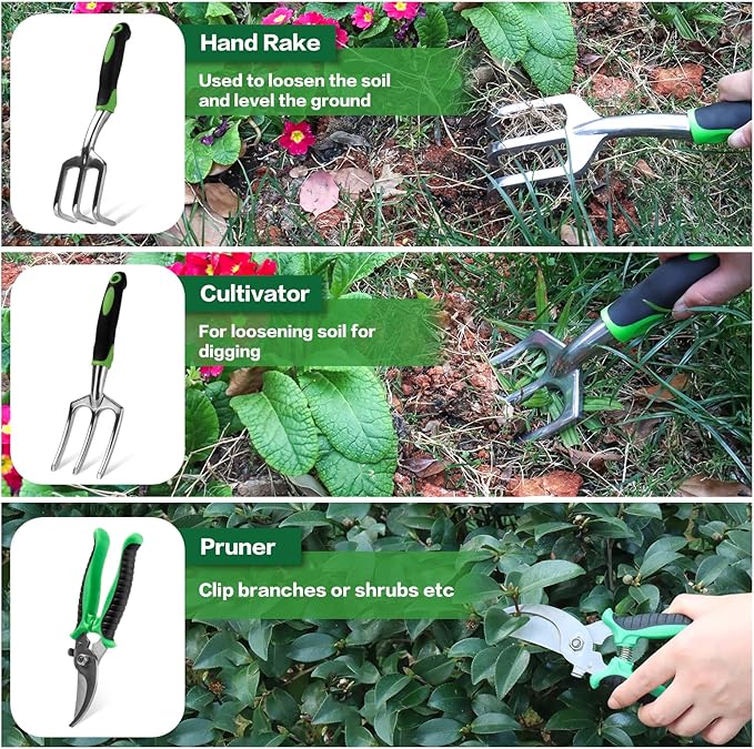 Gardening Tools Set,13-Piece Heavy Duty Gardening Tools with Non-Slip Ergonomic Handle,Rust-Proof Garden Hand Tools Storage in Garden-Tools Bag,Ideal Garden Gifts for Women