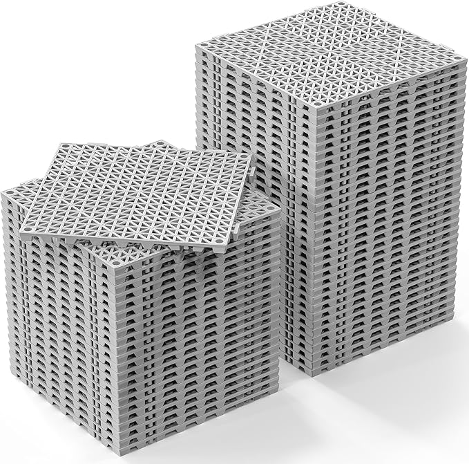 ROVSUN 55 PCS Interlocking Drainage Mat, 12’’x12’’ Drainage Tiles Interlocking,Soft PVC Floor Tiles, Non-Slip Drainage Holes for Restroom, Bathroom, Kitchen, Pool, Wet Areas,Grey