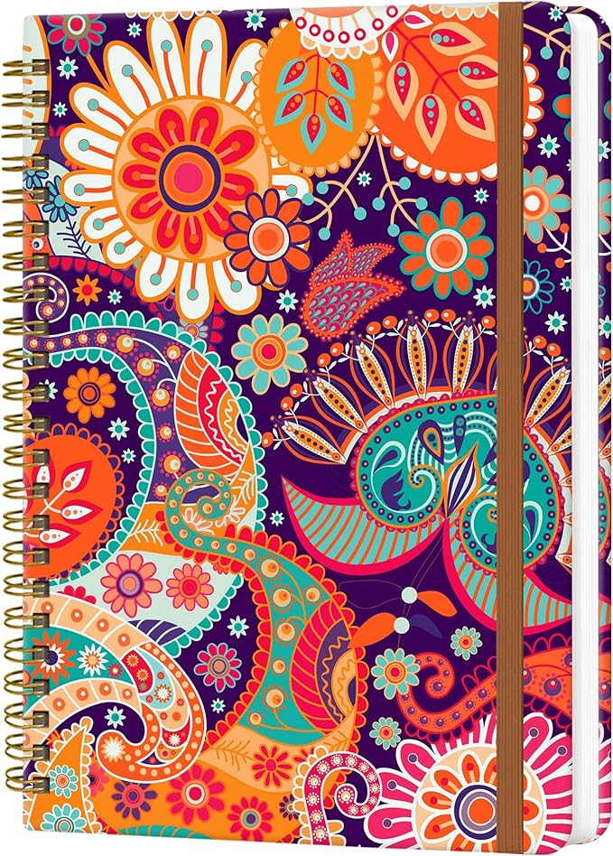 Spiral Journal Notebook for Women, Hardcover A5 College Ruled Notebook, 120 Pages, Thick Paper, Cute Lined Journal for School, Office & Work, 6 x 8.4 in(Red Orange Boho Floral)