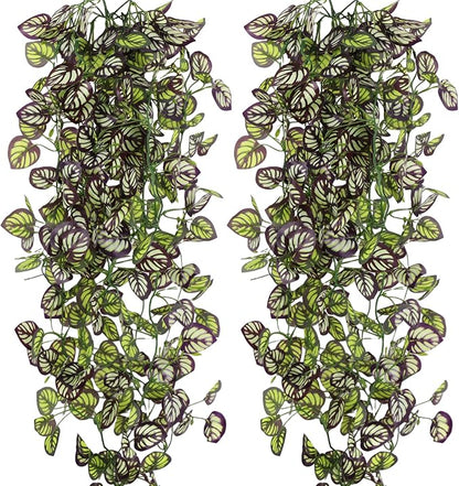 2-Pack Fake Hanging Plants, Faux Hanging Plant Artificial Greenery for Living Room Bedroom Boho Wall Shelf Indoor Outdoor Decor (Purple Feather Leaf)
