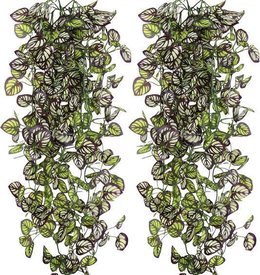 2-Pack Fake Hanging Plants, Faux Hanging Plant Artificial Greenery for Living Room Bedroom Boho Wall Shelf Indoor Outdoor Decor (Purple Feather Leaf)