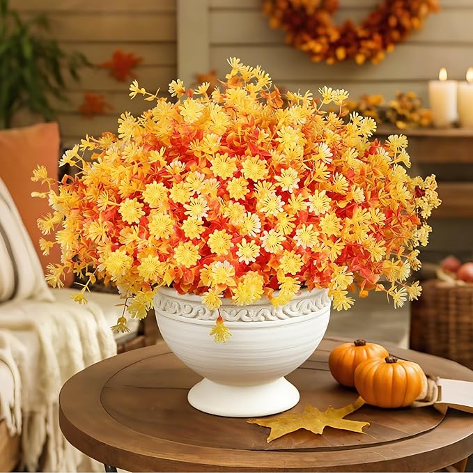 16 Bundles Artificial Flowers for Fall Outdoors Decoration - Fake Mums Faux Artificial Plants Plastic Flower No Fade for Harvest Halloween Thanks Giving Day Decor