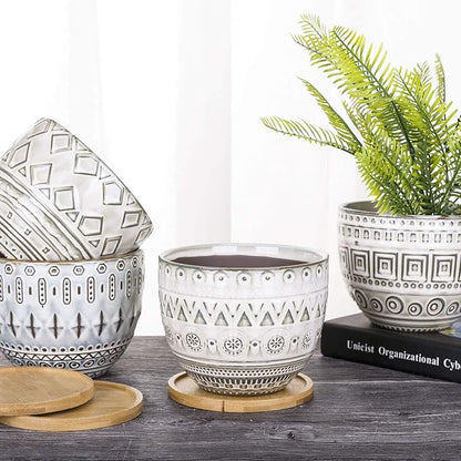 VanEnjoy 5.5 inch Large Round Bohemian Style Ceramic Planter, Geometry Engrave Off White Brown Succulent Planter Flower Pot, Indoor Outdoor Decorative Planter