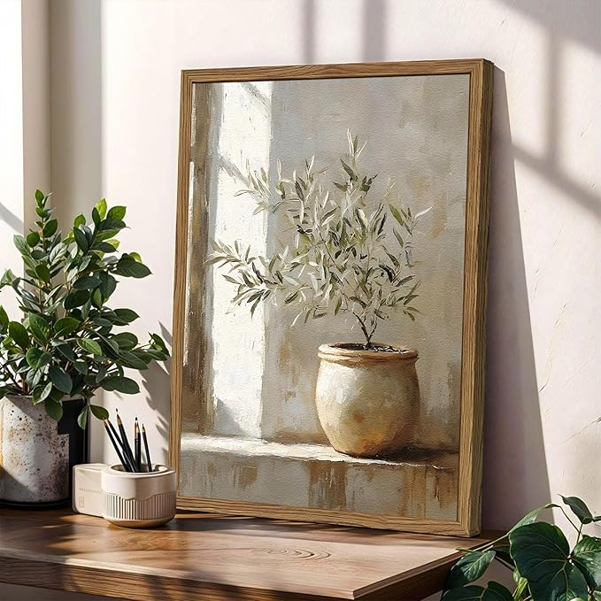 Framed Vintage Olive Tree Wall Art, 3D Textured Sandstone Botanical Pictures Wall Decor, Rustic Neutral Potted Plant Paintings Prints Aesthetic Farmhouse Home Decor for Living Room Bedroom 12x16 inch