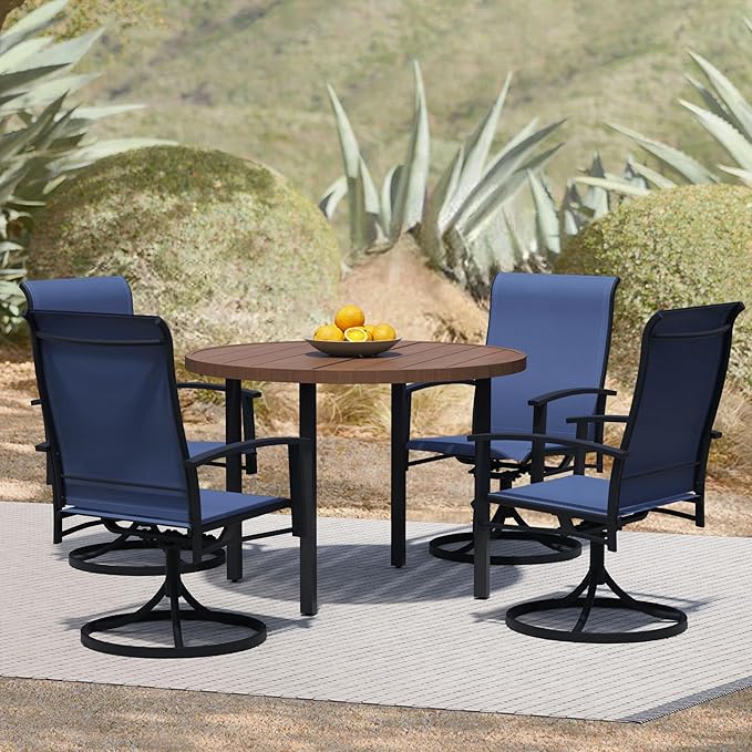 5 Piece Outdoor Dining Set, 42" Walnut Round Outdoor Dining Table with 4 Blue Swivel Patio Table and Chair Set of 4 for Lawn, Garden, or Porch