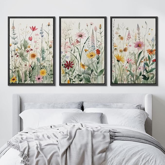Ashbrook Framed Canvas Print Wall Art Set Garden Forest Wildflowers Nature Wilderness Illustrations Modern Art Decorative Floral Botanical Minimal Calm/Relax/Cozy for Bedroom - 24"x36"x3 BLACK