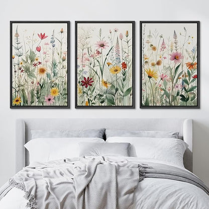 Ashbrook Framed Canvas Print Wall Art Set Garden Forest Wildflowers Nature Wilderness Illustrations Modern Art Decorative Floral Botanical Minimal Calm/Relax/Cozy for Bedroom - 24"x36"x3 BLACK