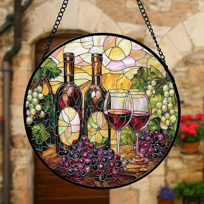 Stained Glass Window Hanging, Grapes and Wine Suncatcher Diamond Glass Panel Hangings Sun Catchers Decor for Birthday for Women, Men, Wife, Aunt, and Mom 6.3 in