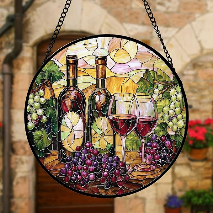 Stained Glass Window Hanging, Grapes and Wine Suncatcher Diamond Glass Panel Hangings Sun Catchers Decor for Birthday for Women, Men, Wife, Aunt, and Mom 11.8x11.8 in