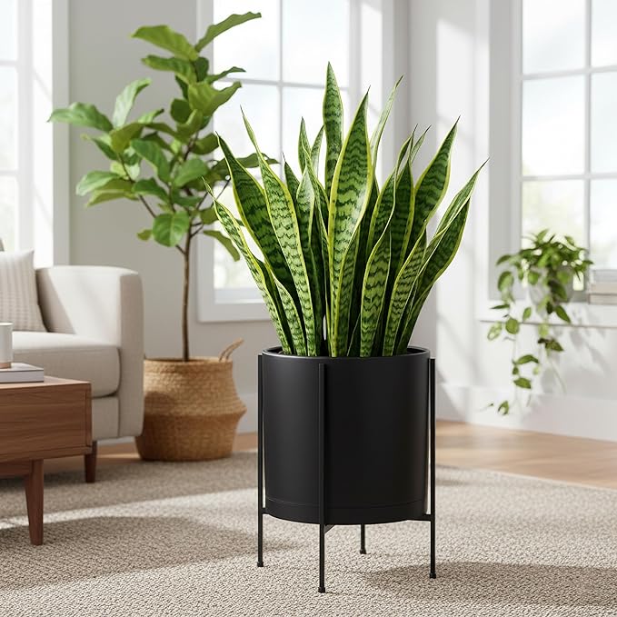 D'vine Dev 14 Inch Black Planter Pot with Stand – Modern Plastic Cylinder Flower Pot with Heavy-Duty Metal Stand for Indoor Plants, 55-D-B-4