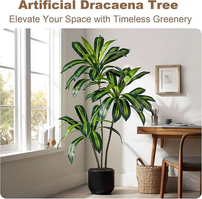 Artificial Dracaena Plant 4FT - Realistic Fake Dracaena Tree Tall Large Faux Silk Plants Fake Floor Potted Artificial Plants for Home Decor, Office Plants