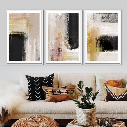 Ashbrook Framed Wall Art Print Set Brown, Black, Yellow Color Block Landscape Abstract Shapes Illustrations Modern Art Boho Scenic Colorful for Living Room, Bedroom, Office - 16"x24"x3 White