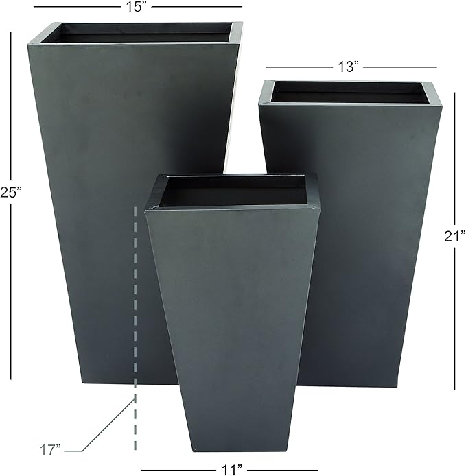 Deco 79 Metal Geometric Indoor Outdoor Planter Light Weight Minimalistic Large Planter Pot with Tapered Base, Set of 3 Planters 17", 21", 25"H, Dark Gray