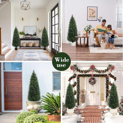 Two 6ft Artificial Plants Topairy Faux Cedar Trees for Outdoor Planters, 72IN Tall Fake Pine Bushes UV Resistant Large Potted Shrubs for Front Porch Décor