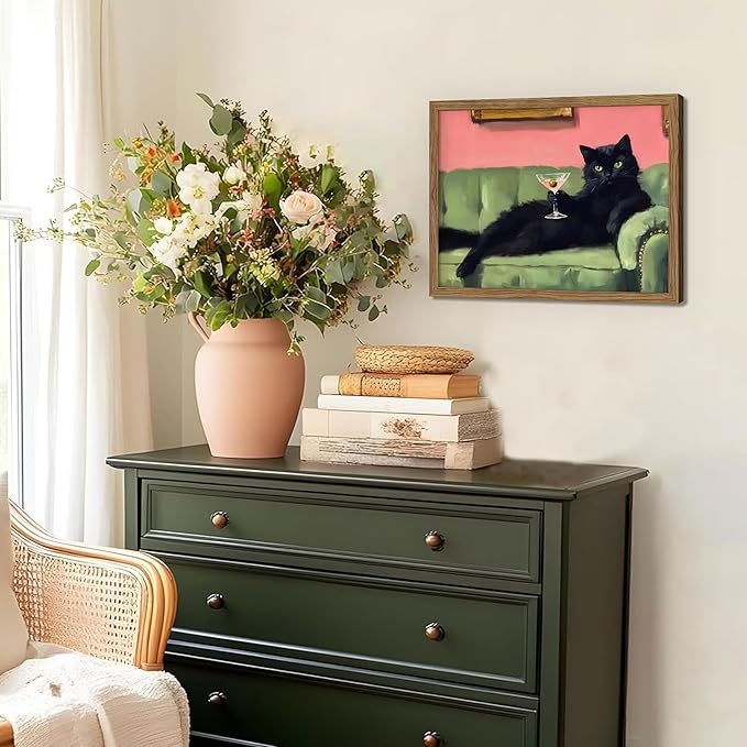 Framed Black Cat with Martini Wall Art Print, Whimsical Cute Cat Decor Paintings, Cocktail Art Bar Cart Decor, Funny Animal Canvas Pictures Aesthetic for Home Living Room Bedroom – 8x10 inch