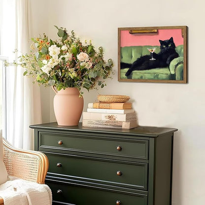 Framed Black Cat with Martini Wall Art Print, Whimsical Cute Cat Decor Paintings, Cocktail Art Bar Cart Decor, Funny Animal Canvas Pictures Aesthetic for Home Living Room Bedroom – 8x10 inch