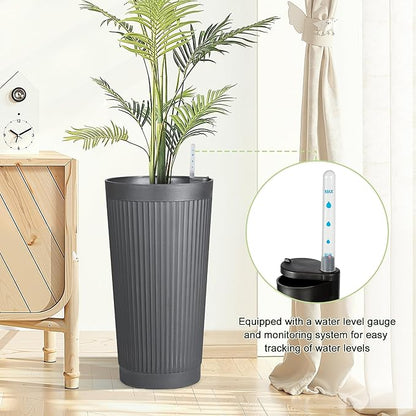 24" Tall Self Watering Planters for Indoor Plants, 2 Pack Large Plastic Outdoor Planter Pots with Built-In Water Reservoir and Level Indicator, Decorative Modern Flower Pots for Home & Patio (Grey)