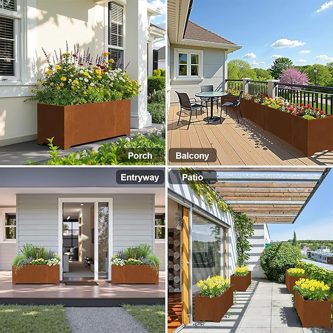 Large Planters for Outdoor Plants 32"L x 15"W x 15"H, Co-rten Steel Planter Box with 6 Drainage Holes, Raised Bottom, All-Weather Garden Planter Box for Patio, Lawn, Commercial & Residential