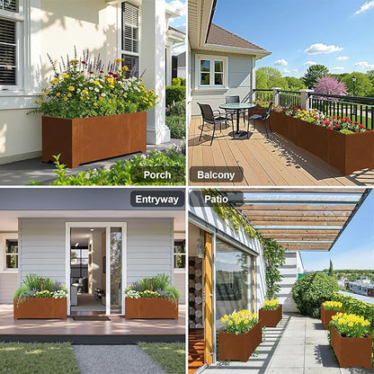 Large Planters for Outdoor Plants 32"L x 15"W x 15"H, Co-rten Steel Planter Box with 6 Drainage Holes, Raised Bottom, All-Weather Garden Planter Box for Patio, Lawn, Commercial & Residential