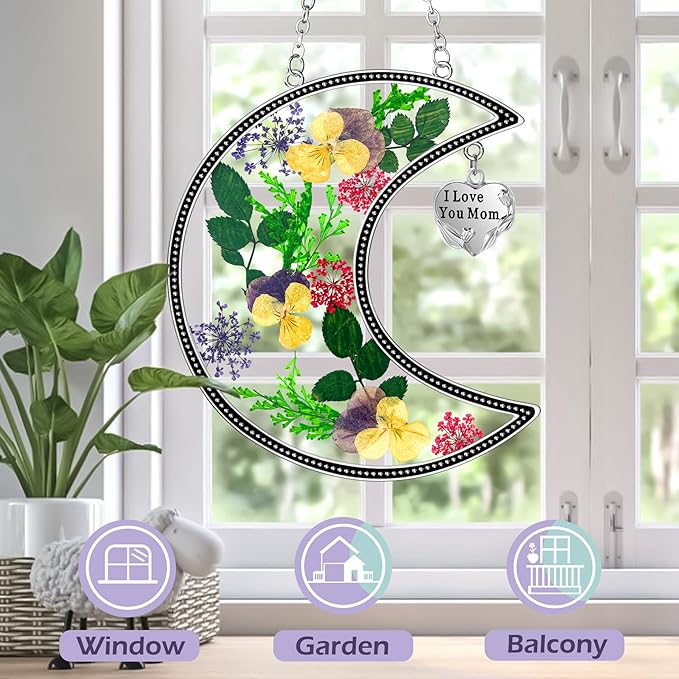 KY&BOSAM Moon Suncatcher Mom Gifts Stained Glass for Window Hangings Wind Chimes Decor with Pressed Real Flower and Metal I Love You Mom Heart Charm Birthday Gift for Women Mother`s Day Christmas