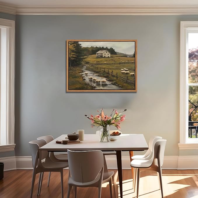 SAMHOU Floating Framed Canvas Wall Art, Vintage French Country Farmhouse Landscape Wall Decor, Rustic Meadow Flock of Sheep Poster Prints Picture for Living Room Bedroom Home Decor 16x24 inch