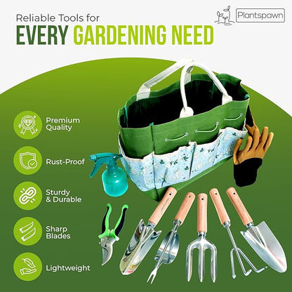 9 PCS Gardening Tools Set with Bag | Heavy-Duty Rust-Proof Hand Tools with Wooden Handles Including 15 Plant Tags | Ideal Gift for Women, Men, Mom, Dad & Gardeners