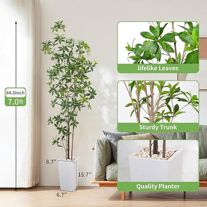 Artificial Brave Ficus Tree 7FT-Faux Tree with White Tall Planter-Fake Potted Tree with Silk Leaves-Tall Artificial Plants for Home Office Living Room Hallway Decor Indoor