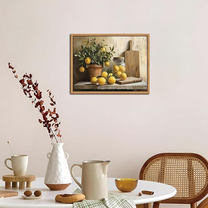 Floating Framed Vintage Kitchen Wall Art, Yellow Lemon Still Life Wall Decor Oil Paintings, Rustic Farmhouse Artwork Canvas Posters Prints Pictures for Living Room Bedroom Home Decor 12x16 Inch
