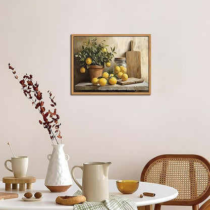 Floating Framed Vintage Kitchen Wall Art, Yellow Lemon Still Life Wall Decor Oil Paintings, Rustic Farmhouse Artwork Canvas Posters Prints Pictures for Living Room Bedroom Home Decor 12x16 Inch