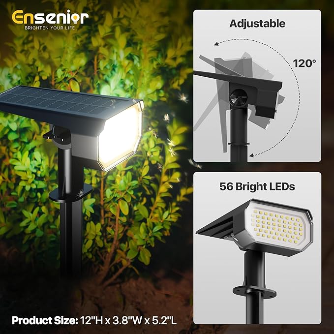 Ensenior Solar Spotlights Outdoor, Brightness Adjustable 3000K LED Solar Garden Lights, 56 LEDs Solar Powered Landscape Lights, Auto ON/Off, Waterproof, for Yard/Garden/Pathway - 4 Pack