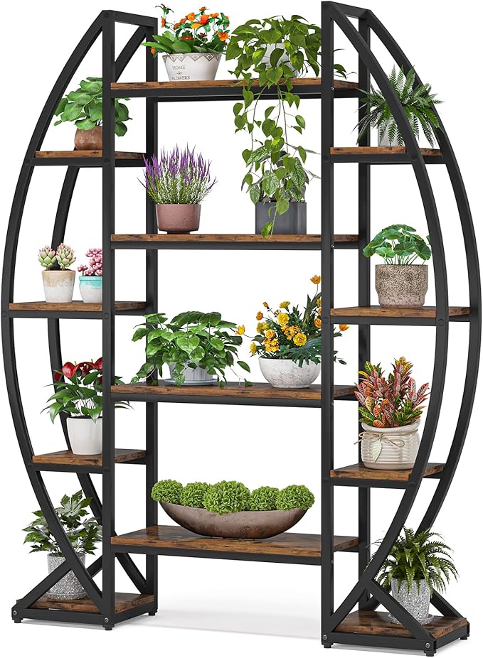 Tribesigns Curved Plant Stand Indoor, 8 Tiered Large Metal Plant Shelf, 69" Tall Industrial Flower Pot Stand Display Rack for Indoor Living Room, Balcony, Patio (Brown)
