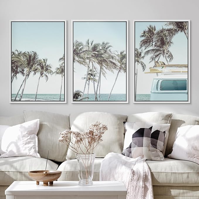 Ashbrook Framed Canvas Print Wall Art Set Retro Road Trip Palm Tree Beach Vacation Nature Wilderness Photography Realism Decorative Nautical Calm/Relax/Cozy for Bedroom - 24"x36"x3 WHITE