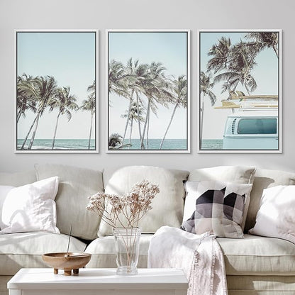 Ashbrook Framed Canvas Print Wall Art Set Retro Road Trip Palm Tree Beach Vacation Nature Wilderness Photography Realism Decorative Nautical Calm/Relax/Cozy for Bedroom - 24"x36"x3 WHITE