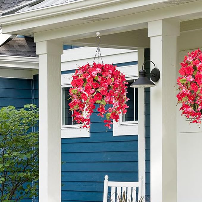 HyeFlora Artificial Fake Hanging Hibiscus Flower Baskets for Outdoor Decoration, Faux Silk Hibiscus Long Vines in Planter UV Resistant Realistic Flowers for Outside Porch Patio Home Decor, RedPink