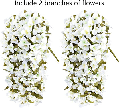 Bougainvillea Artificial Flowers Fake Plants for Outdoors Winter Decoration, 2 pcs Faux Long Trailing Vines UV Resistant Look Real White Silk Flowers for Outside Planter Front Door Porch Urn Yard Home