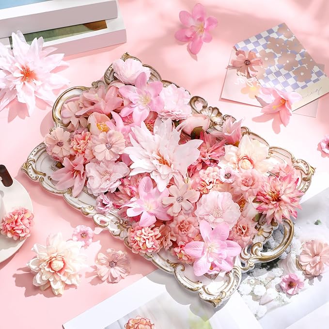 80 Pcs Assorted Fake Flower Heads Mini Artificial Flower Heads Bulk Silk Faux Daisy for Crafts Fake Peony Rose for Wedding Party Wreath Home Decoration(Pink)