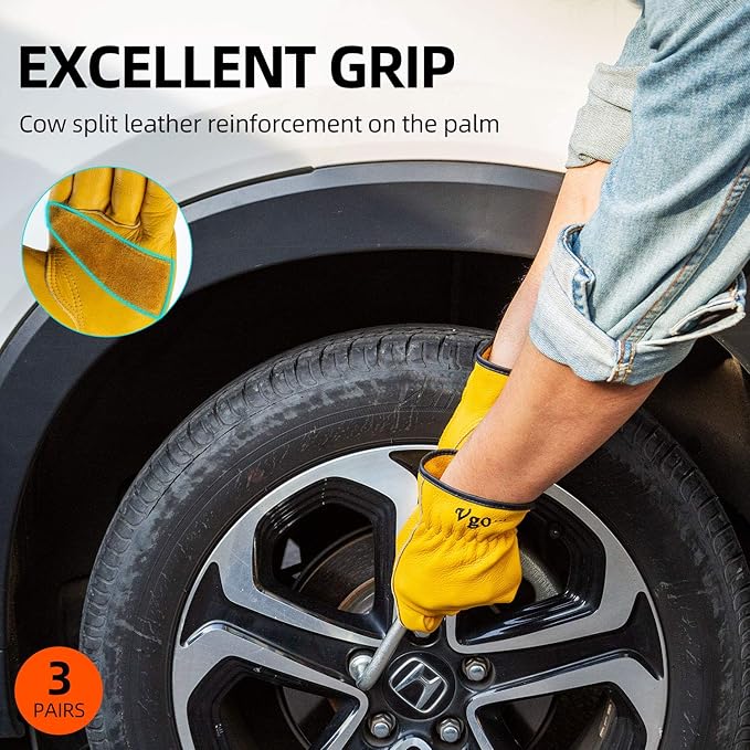 Vgo 3-Pairs Unlined Cow Grain Leather Work and Driver Gloves with Cow Split Leather Palm Patch (Size XXL, Gold,CA9590)