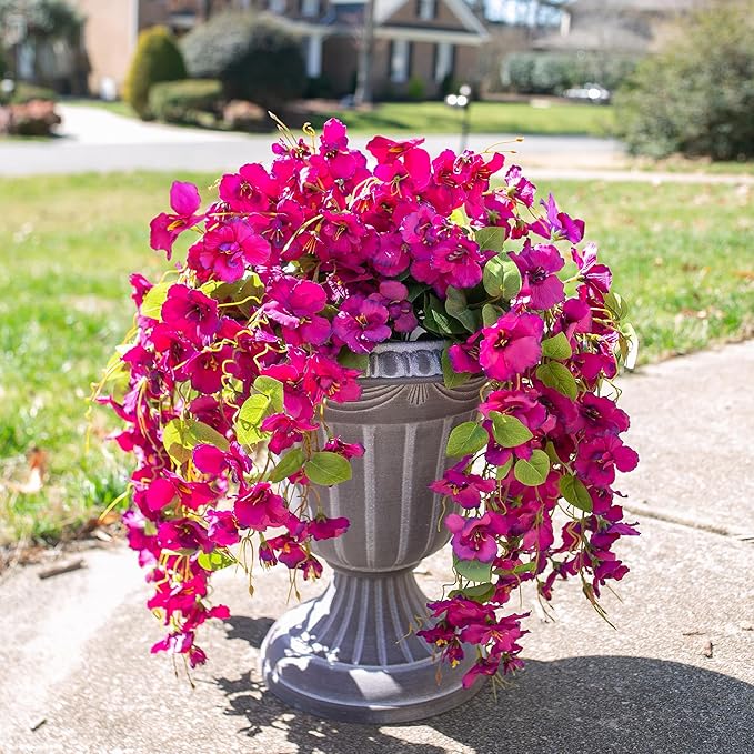 Fake Hibiscus Artificial Hanging Flowers Plants for Outdoors Spring Decoration, 2pcs Silk Hibiscus Vines Realistic UV Resistant Faux Flowers for Outside Planter Porch Patio Yard Wedding Party, Fuchsia