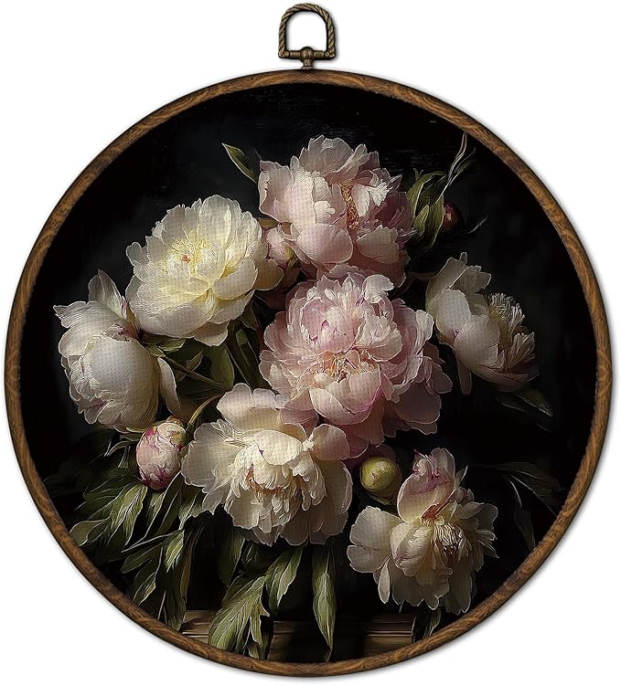 cvjutf Peony Flower Wall Art Decor Framed, Peony Floral Botanical Round Wall Decor, Dark Cottage Core Floral Canvas Prints Art for Gallery Bathroom Bedroom Living Room, 10x10 Inch
