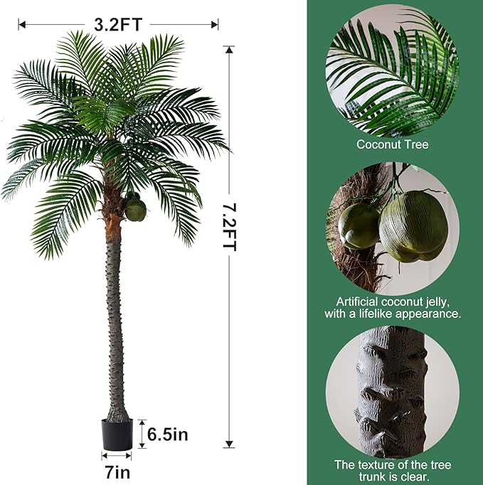 Artificial Phoenix Palm Tree 7.2ft Tall - Fake Large Tropical Tree with Adjustable Leaves, Realistic Faux Sago Palm for Indoor Outdoor Decor, Patio, Poolside, Yard, Living Room, Office