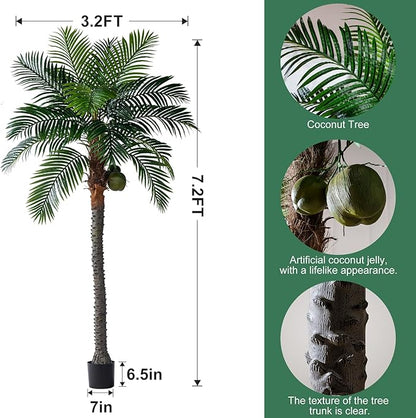 Artificial Phoenix Palm Tree 7.2ft Tall - Fake Large Tropical Tree with Adjustable Leaves, Realistic Faux Sago Palm for Indoor Outdoor Decor, Patio, Poolside, Yard, Living Room, Office
