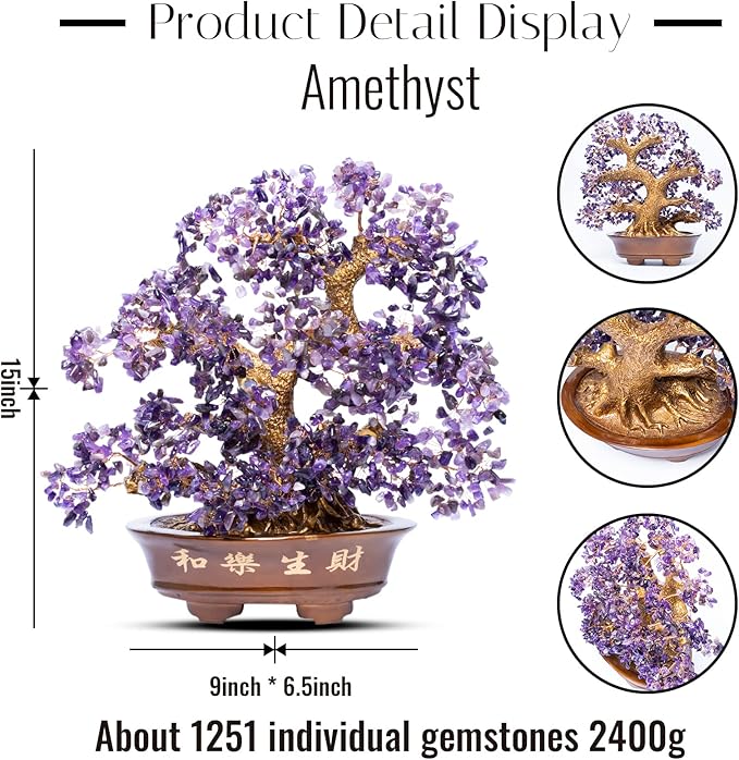 Natural Large Amethyst Tree,14"Amethyst Crystal Bonsai Tree(1251 Gemstone Count) Chakra Tree with Healing Properties Crystal Feng Shui Money Tree of Life for Positive Energy Good Luck Wealth
