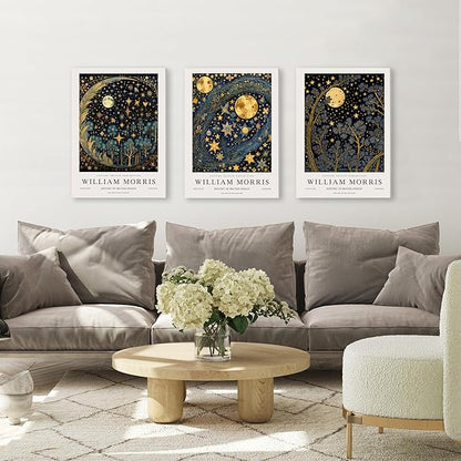 WRFON William Morris Canvas Wall Art, Vintage Gold Moon Wall Decor, Dreamlike Stars Poster Prints, Retro Botanical Aesthetic Pictures for Bedroom Living Room Office Framed Ready to Hang 12"x16"x3