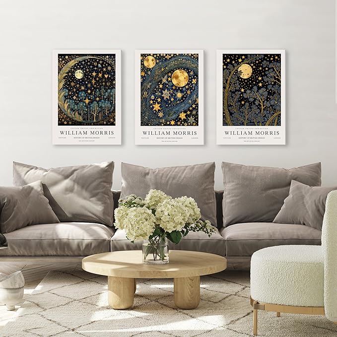 WRFON William Morris Canvas Wall Art, Vintage Gold Moon Wall Decor, Dreamlike Stars Poster Prints, Retro Botanical Aesthetic Pictures for Bedroom Living Room Office Framed Ready to Hang 16"x24"x3