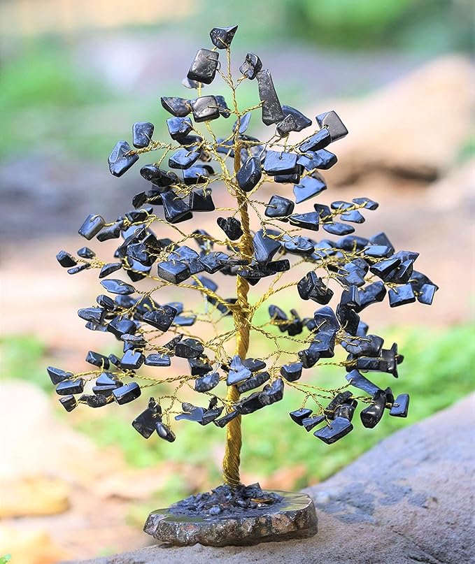 Black Tourmaline Gemstone Tree of Life With Geode Agate Slice Base - Crystal for Positive Energy, Feng Shui Decor, Chakra, Good Luck, Money Bonsai, Healing Stone, Spiritual Gem