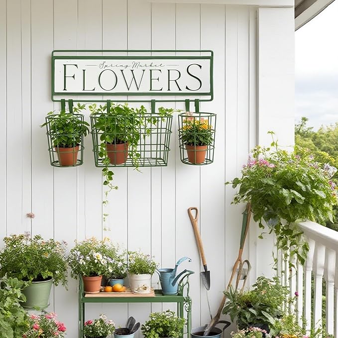 Rustic Spring Market Flowers Wall Planter Set, Farmhouse Metal Hanging Planter with 3 Baskets, Decorative Indoor Outdoor Plant Holder for Succulents, Herbs (Flowers)