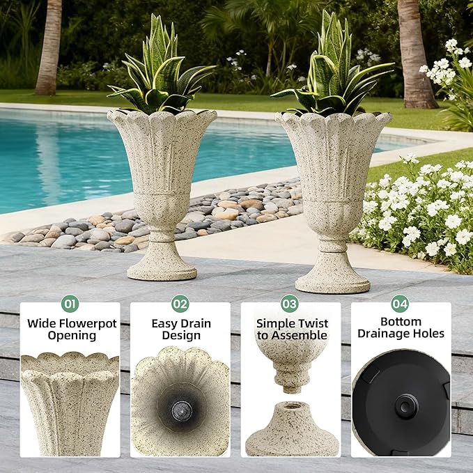 23.6" Tall Plastic Urn Planters for Outdoor Plants with Drainage Holes & Petal Design, Set of 2 Sturdy Base Classic Indoor Large Flower Pots, Outdoor Planters for Porch/Home, Yellow Beige