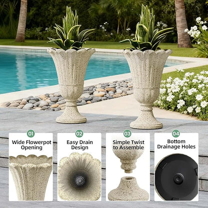 23.6" Tall Plastic Urn Planters for Outdoor Plants with Drainage Holes & Petal Design, Set of 2 Sturdy Base Classic Indoor Large Flower Pots, Outdoor Planters for Porch/Home, Yellow Beige