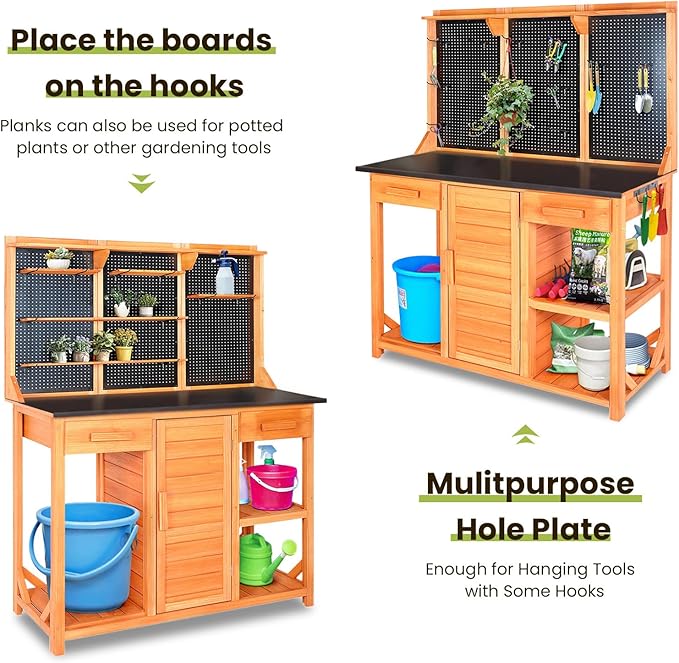 Outdoor Garden Potting Bench, Horticultural Wooden Workstation Table with Storage Drawer, Cabinet, Metal Pegboard, Adjustable Hooks and Shelves for Backyard, Patio, Greenhouse