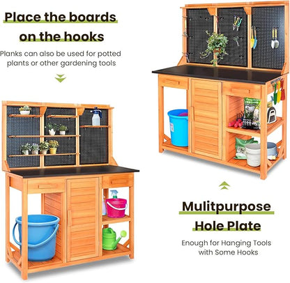Outdoor Garden Potting Bench, Horticultural Wooden Workstation Table with Storage Drawer, Cabinet, Metal Pegboard, Adjustable Hooks and Shelves for Backyard, Patio, Greenhouse